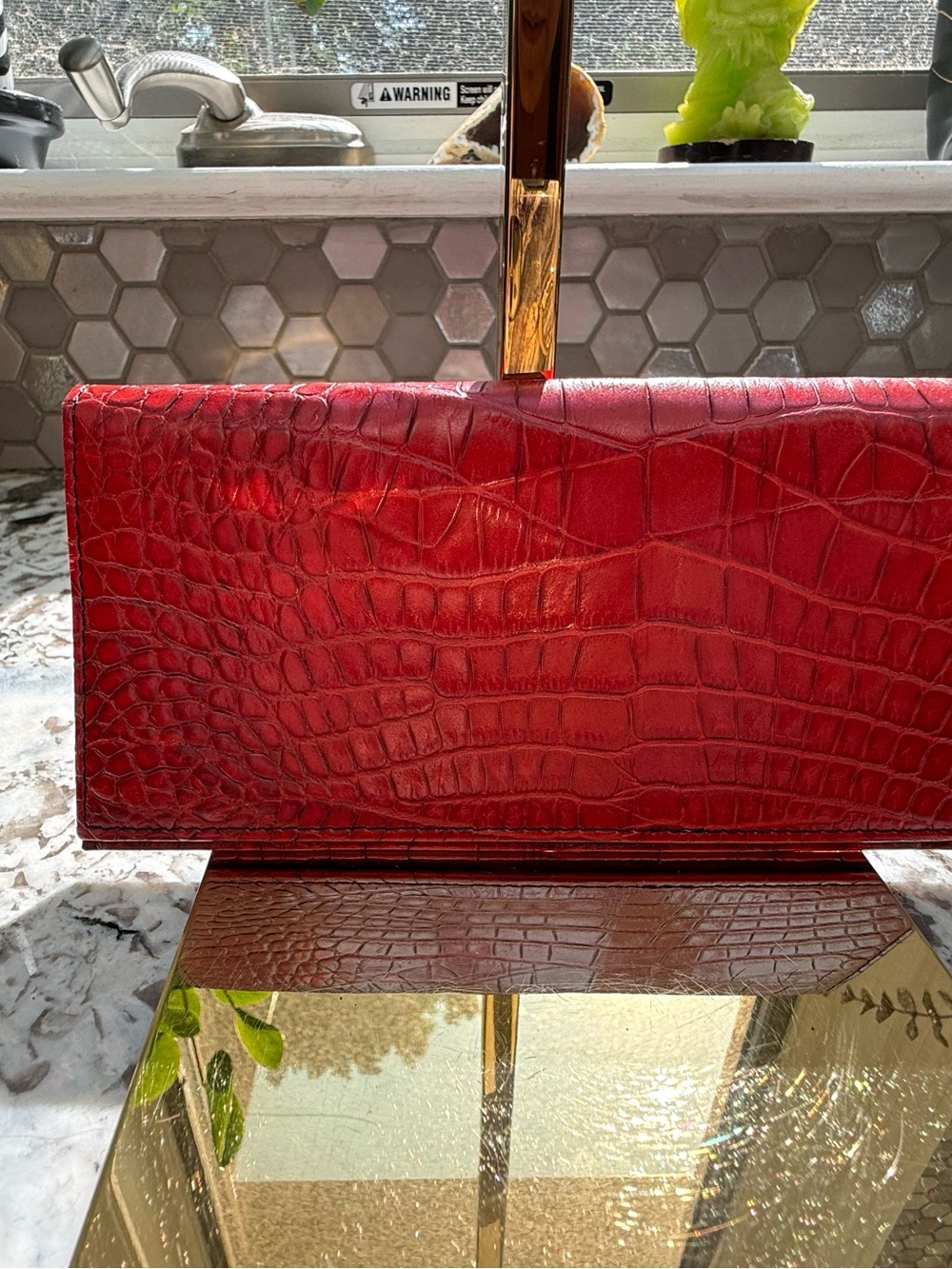 Red Croc-Embossed Clutch with Tiger Print Flap - Picture 8 of 9